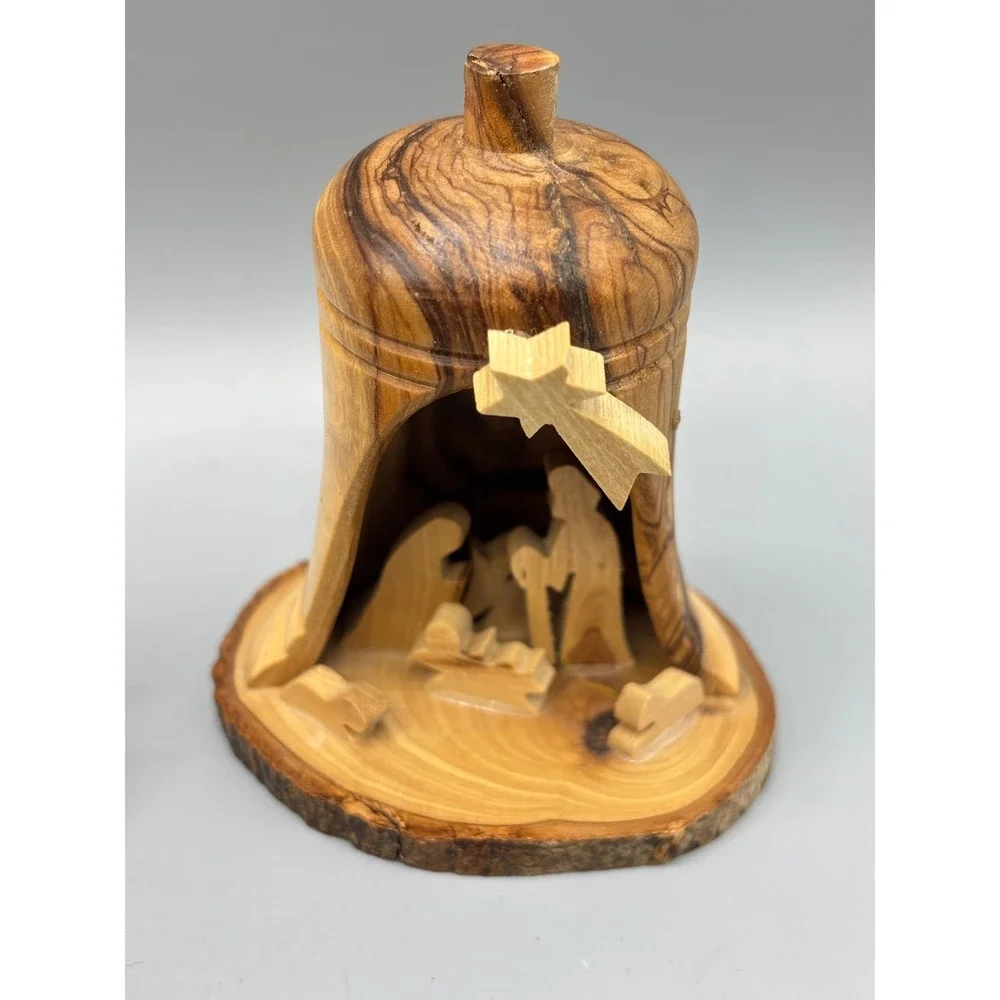 Handmade Olive Wood Nativity Scene Bell Christmas Ornament Holy Family - Picture 1 of 5